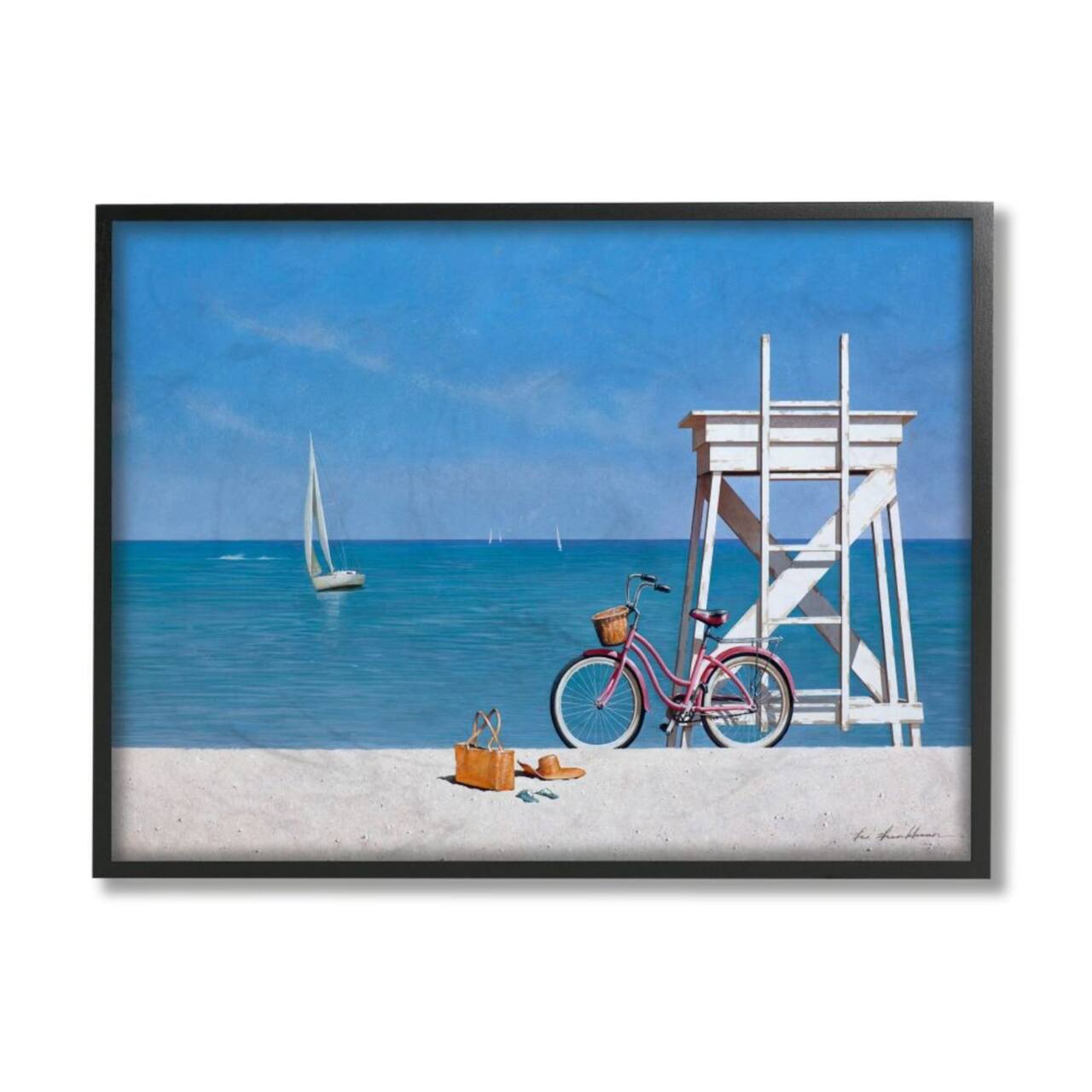 Stupell Industries Pink Bicycle Traditional Beach with Black Frame Wall Accent
